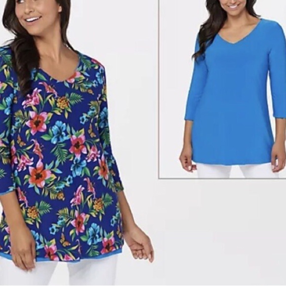 Attitudes By Renee S Blue Floral Knit Stretch 3/4 Sleeves Reversible Tunic Top